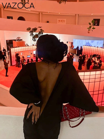 Deep-V Backless Ruched Maxi Dress