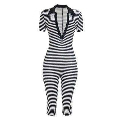 Deep V-Neck Striped Romper