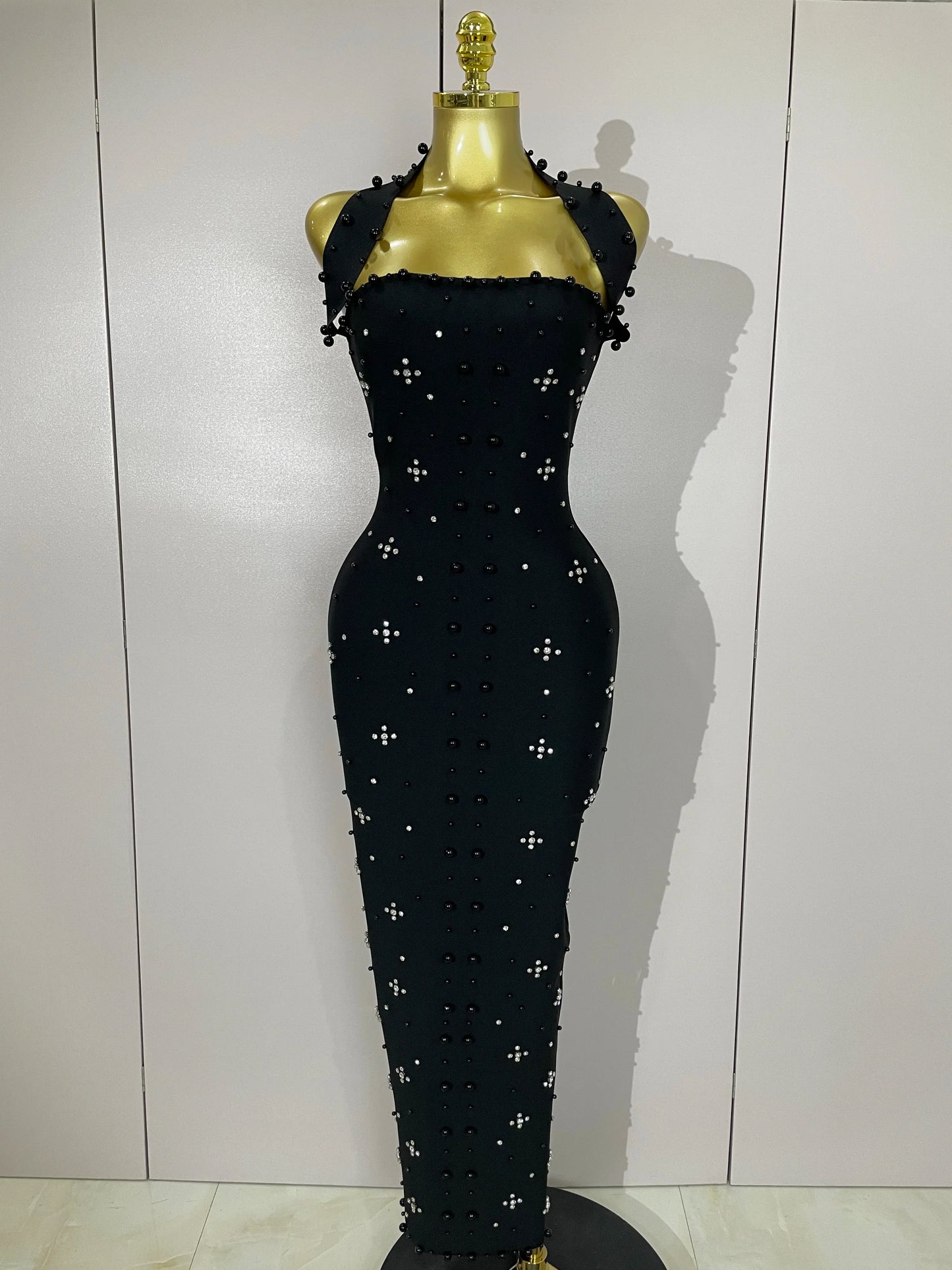 Rhinestone Pearl Bandage Midi Dress