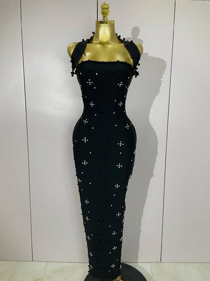 Rhinestone Pearl Bandage Midi Dress