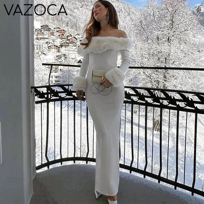 Fur Collar Off One Shoulder Bodycon Dress