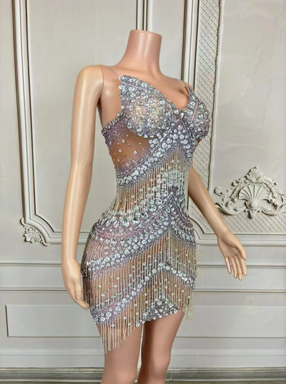 Grandiose Rhinestone Mesh Mini Dress