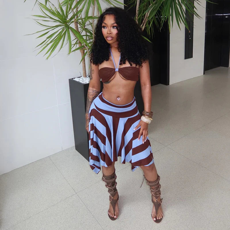 Striped Halter Skirt Set