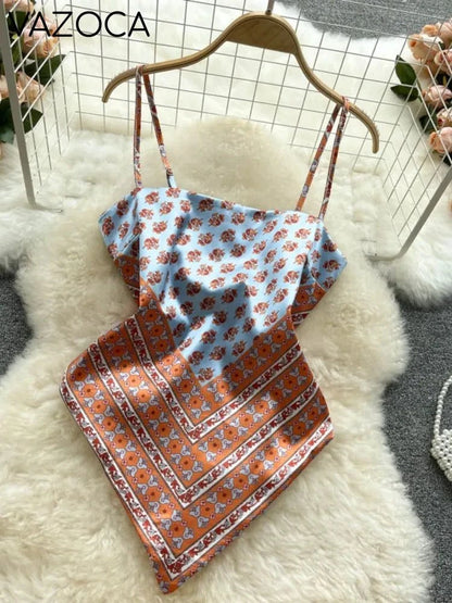 Aesthetic Satin Backless Vest Blue Orange One Size