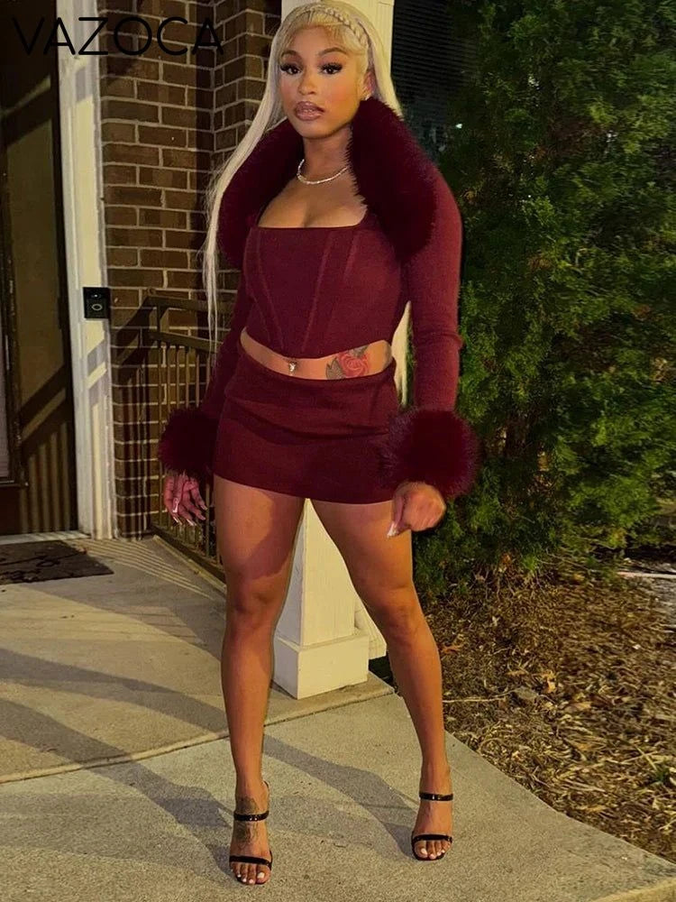 Fur Shawl Top Skirt Set