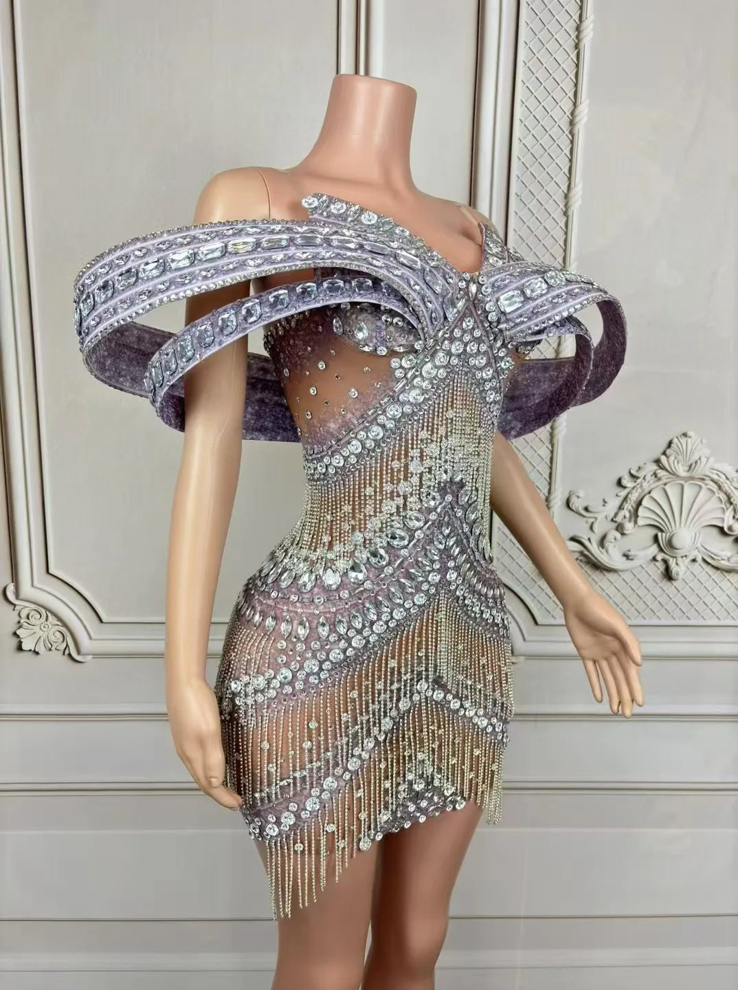 Grandiose Rhinestone Mesh Mini Dress