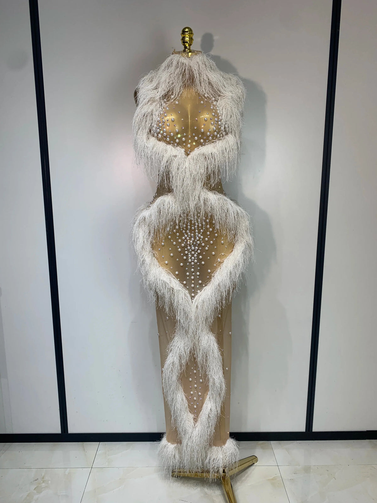 Pearl Crystal Mesh Tassel Maxi Dress