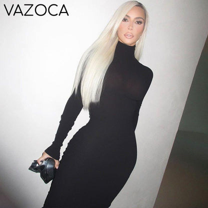 Solid Turtleneck Long Sleeve Dress