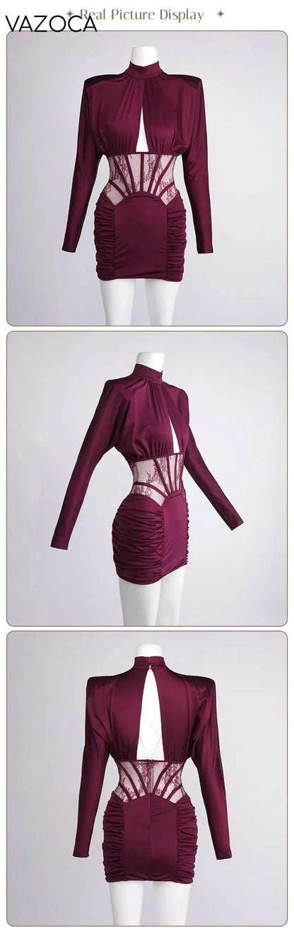 Burgundy Satin Corset Ruched Dress