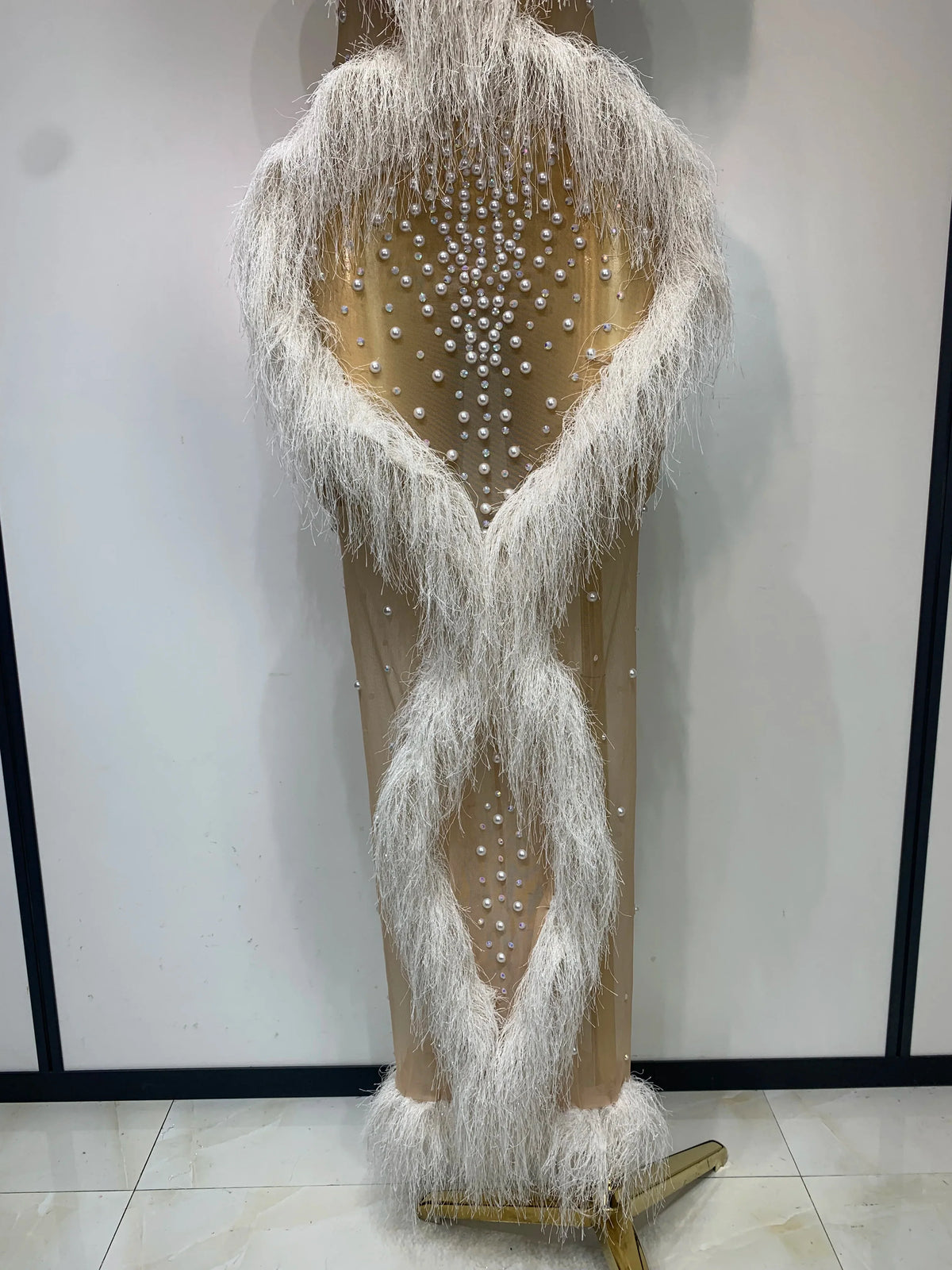 Pearl Crystal Mesh Tassel Maxi Dress