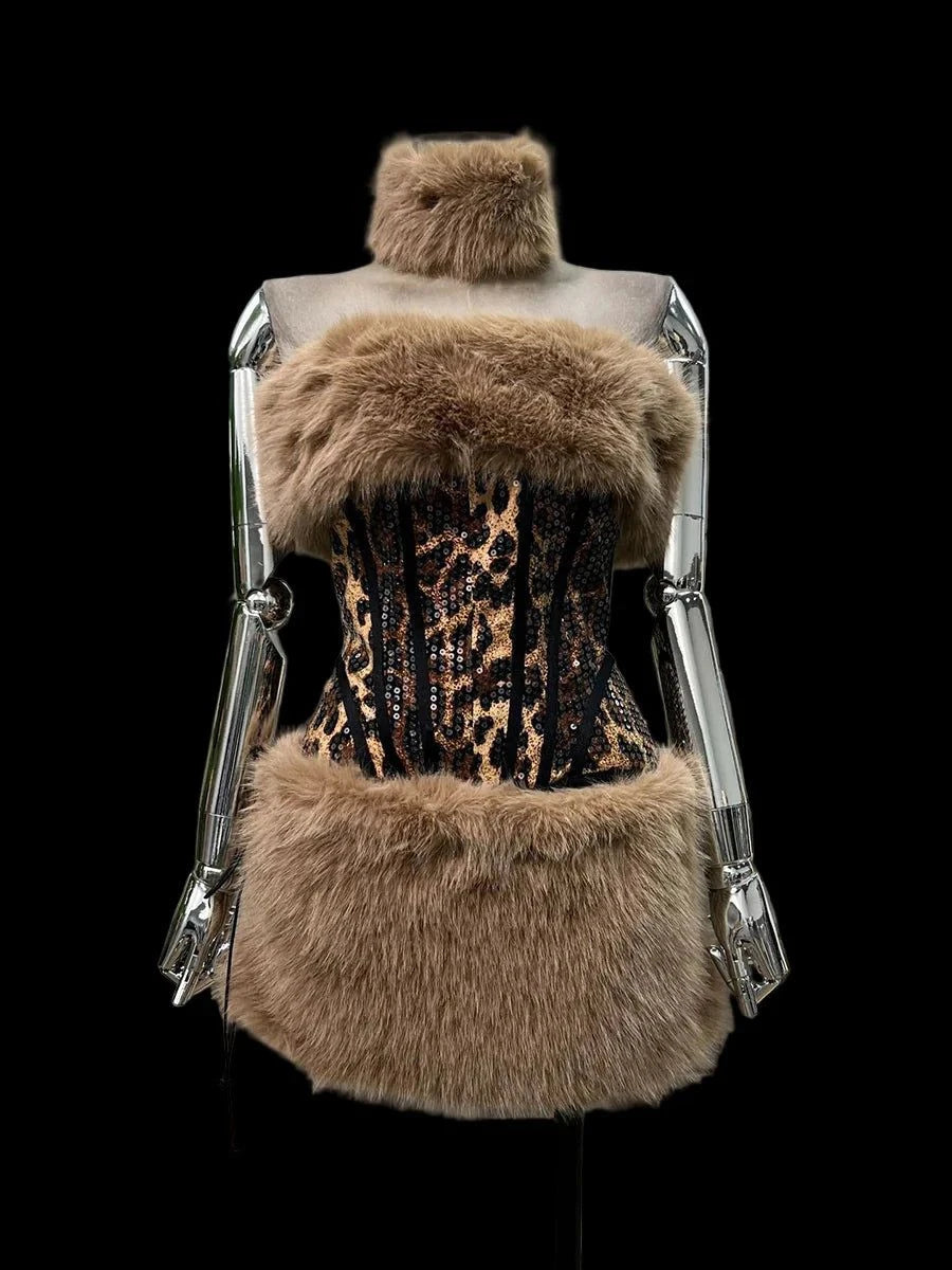 Plush Fur Leopard Mini Skirt Set COFFEE