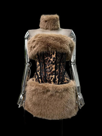 Plush Fur Leopard Mini Skirt Set COFFEE