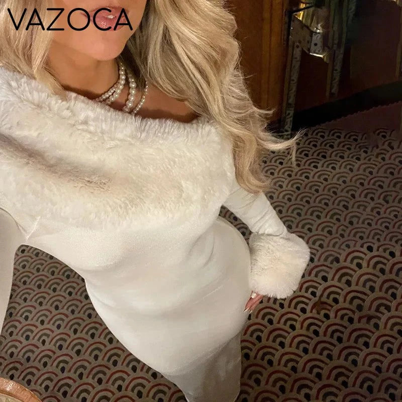 Fur Collar Off One Shoulder Bodycon Dress
