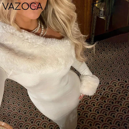 Fur Collar Off One Shoulder Bodycon Dress