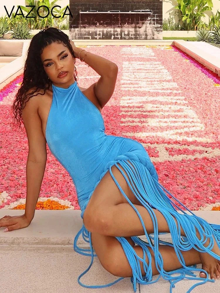 Glamour Velvet Fringe Maxi Dress