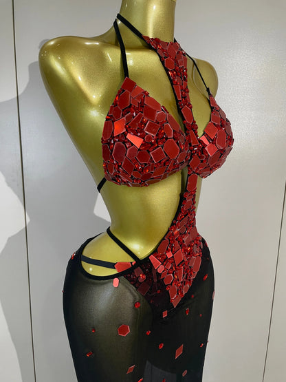 Red Mirror Bikini Mesh Dress Set