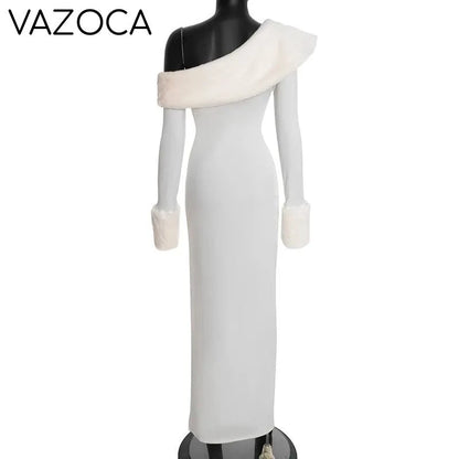 Fur Collar Off One Shoulder Bodycon Dress