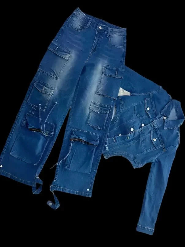 Lora Cargo Denim Pants Set