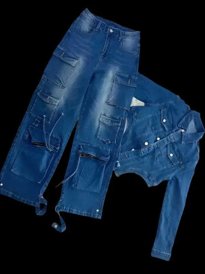 Lora Cargo Denim Pants Set