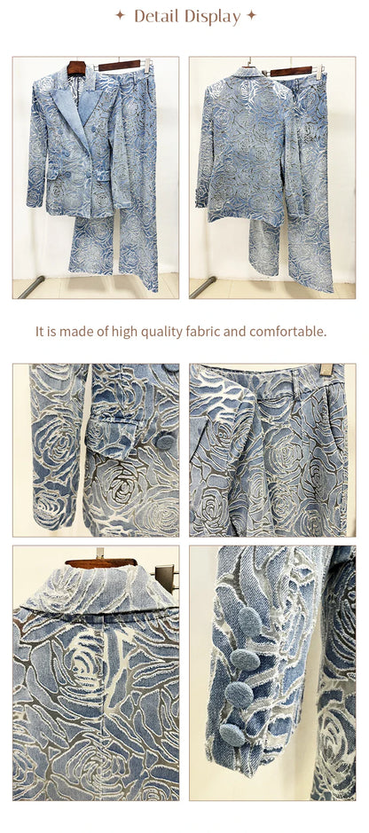 Blue Denim Blazer Pants Set