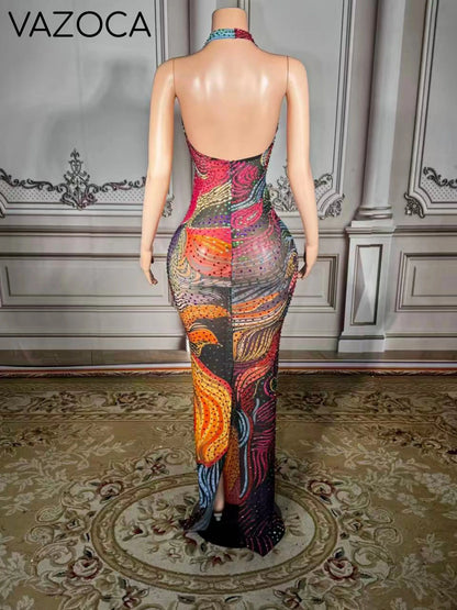Luxe Rhinestone Mesh Maxi Dress