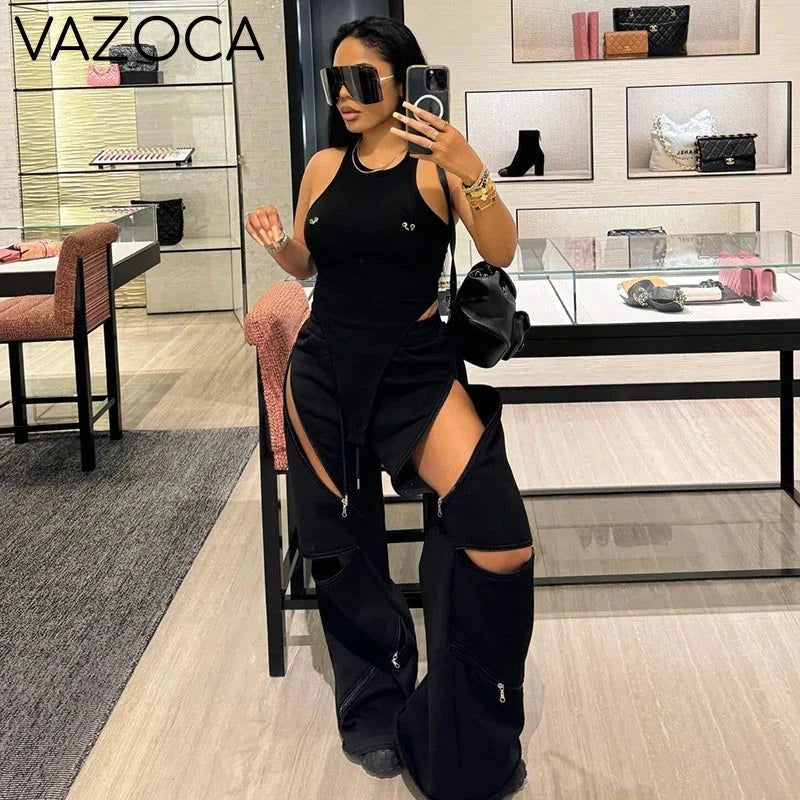 Zip Detail Wide-Leg Cargo Pants
