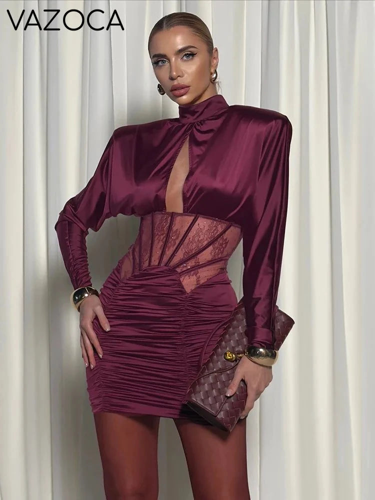 Burgundy Satin Corset Ruched Dress