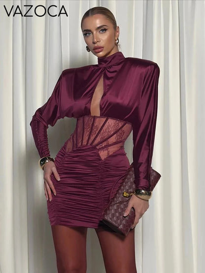 Burgundy Satin Corset Ruched Dress