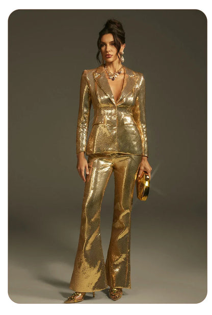 Luxury Gold Sequin Blazer Pants Set