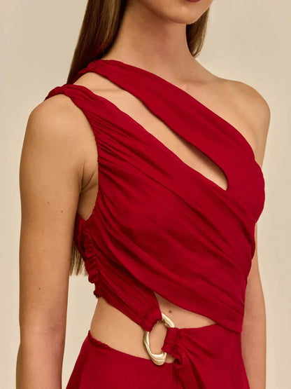 Red Ruched Cut-Out Maxi Dress