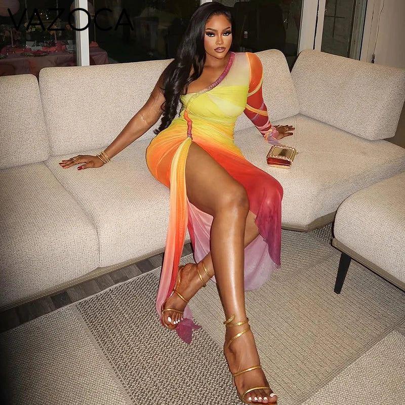 Ombre One-Shoulder Draped Mesh Dress