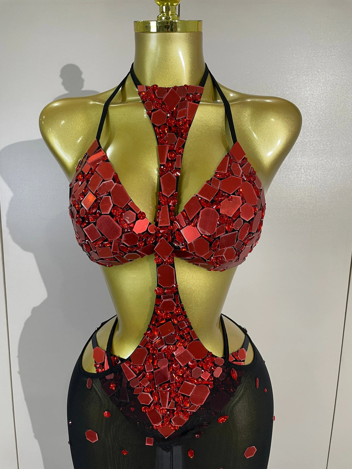 Red Mirror Bikini Mesh Dress Set