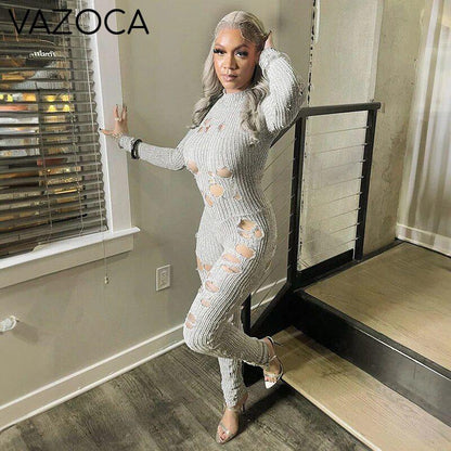 Hollow Ripped Knitted Jumpsuit