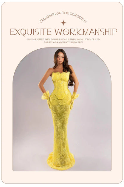 Yellow Lace Mermaid Sheer Maxi Dress