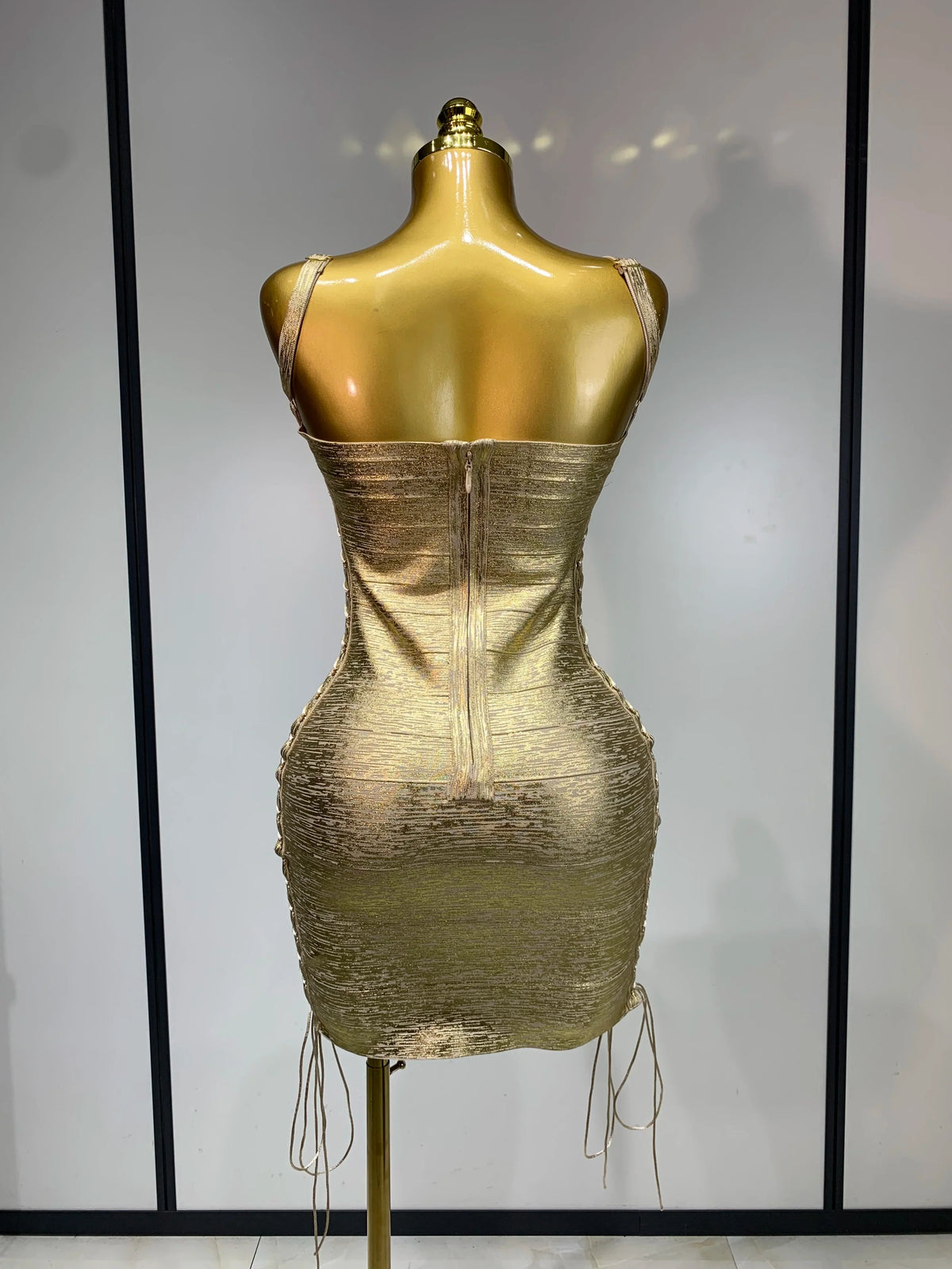 Metallic Side Lace Up Bandage Mini Dress