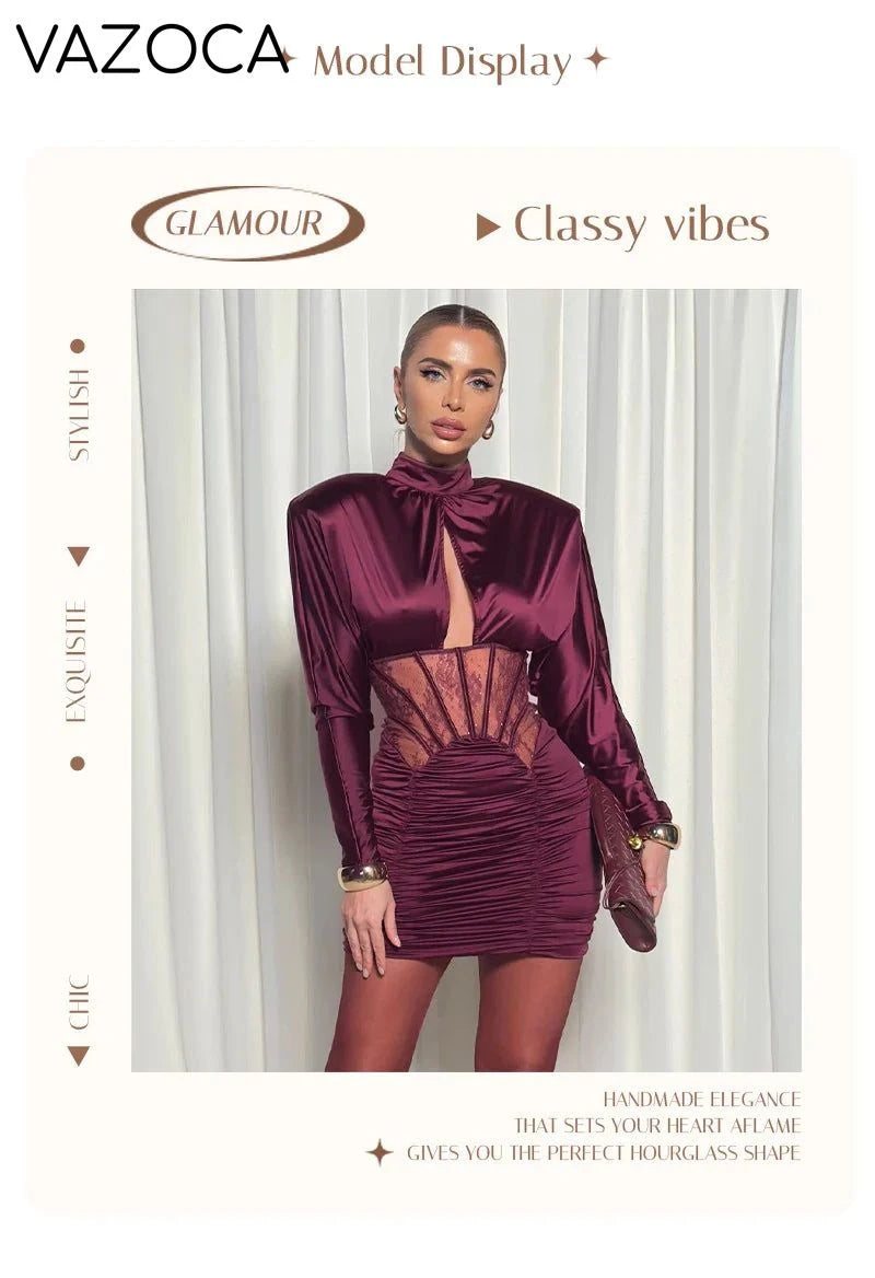Burgundy Satin Corset Ruched Dress