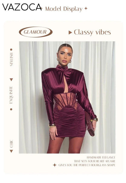 Burgundy Satin Corset Ruched Dress