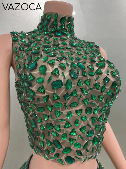 Rhinestone Green Mini Skirt Set