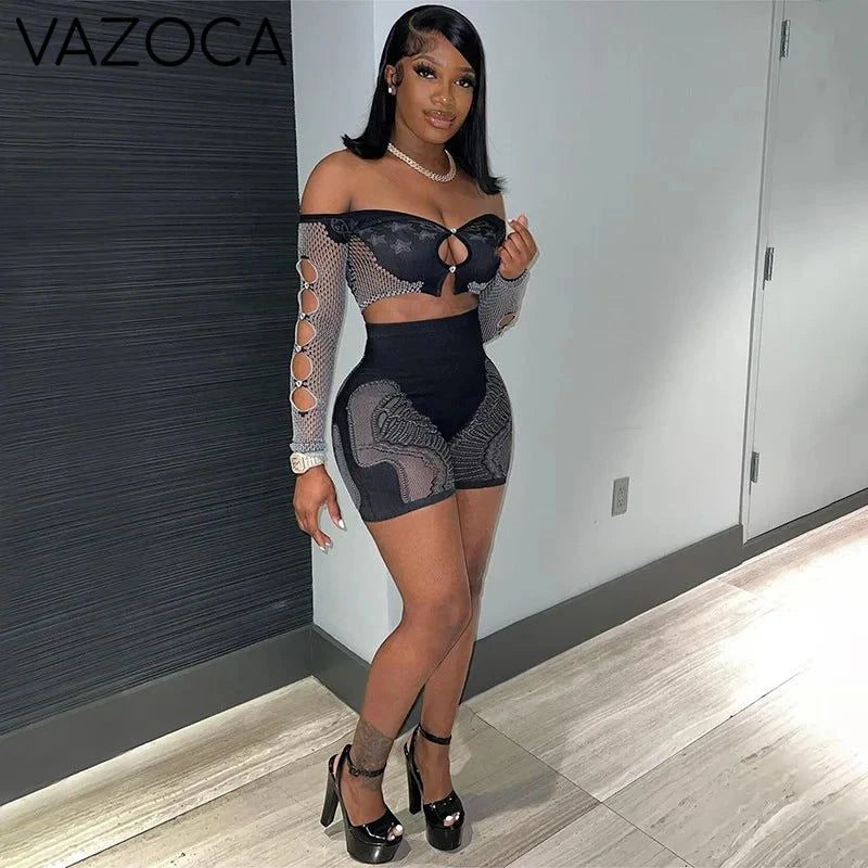 Mesh Long Sleeve Top & Shorts Set