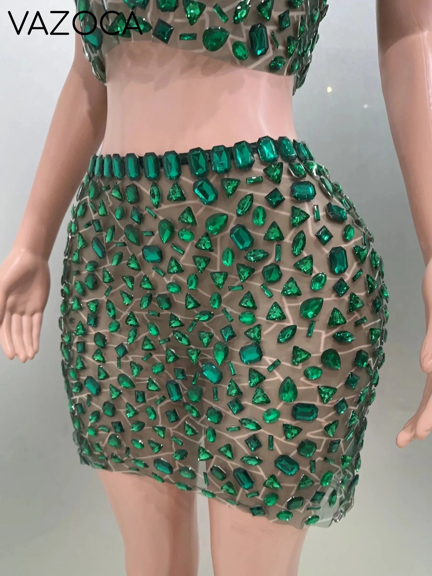 Rhinestone Green Mini Skirt Set