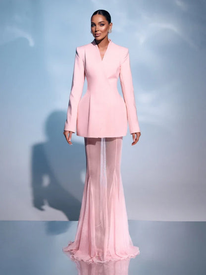 Pink Blazer Mesh Skirt Set