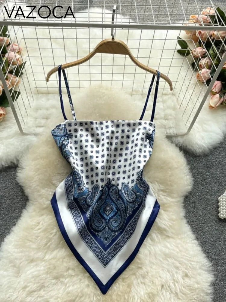 Aesthetic Satin Backless Vest Blue White One Size