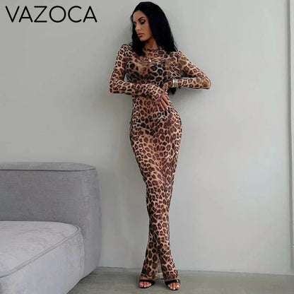Leopard Mesh Long Sleeve Maxi Dress