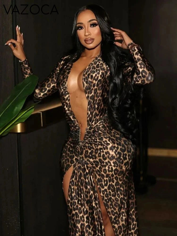 Leopard V-Neck Ruched Dress