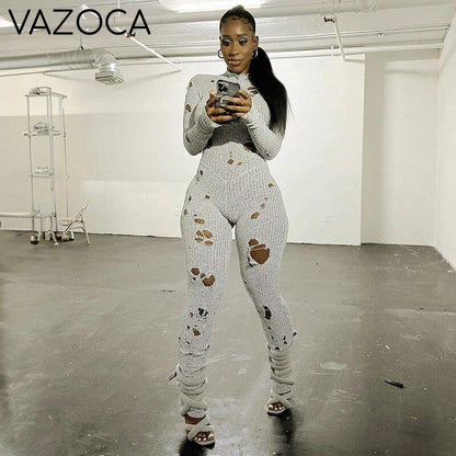 Hollow Ripped Knitted Jumpsuit