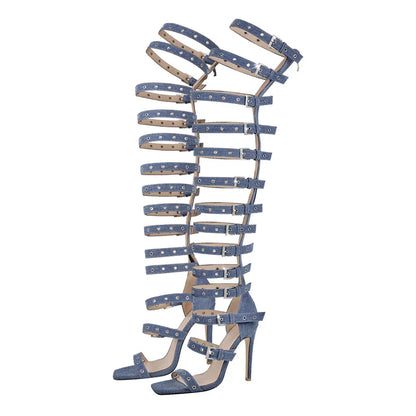 Denim Buckle Stiletto Boot Sandals