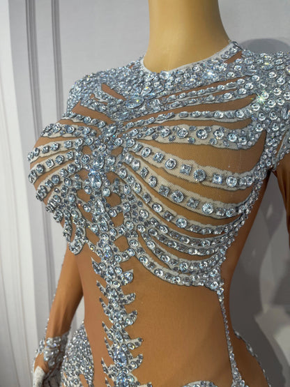 Skeleton Rhinestone Mesh Maxi Dress