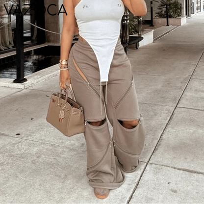 Zip Detail Wide-Leg Cargo Pants