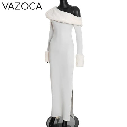 Fur Collar Off One Shoulder Bodycon Dress