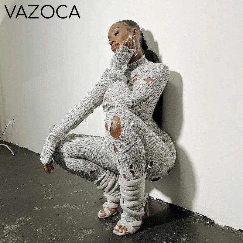 Hollow Ripped Knitted Jumpsuit